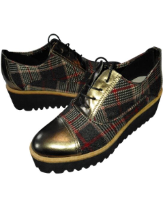 All Black Shoes - ALL BLACK Plaid Oxfords w/ Gold Patent Toe and Heel Women's Size 8
